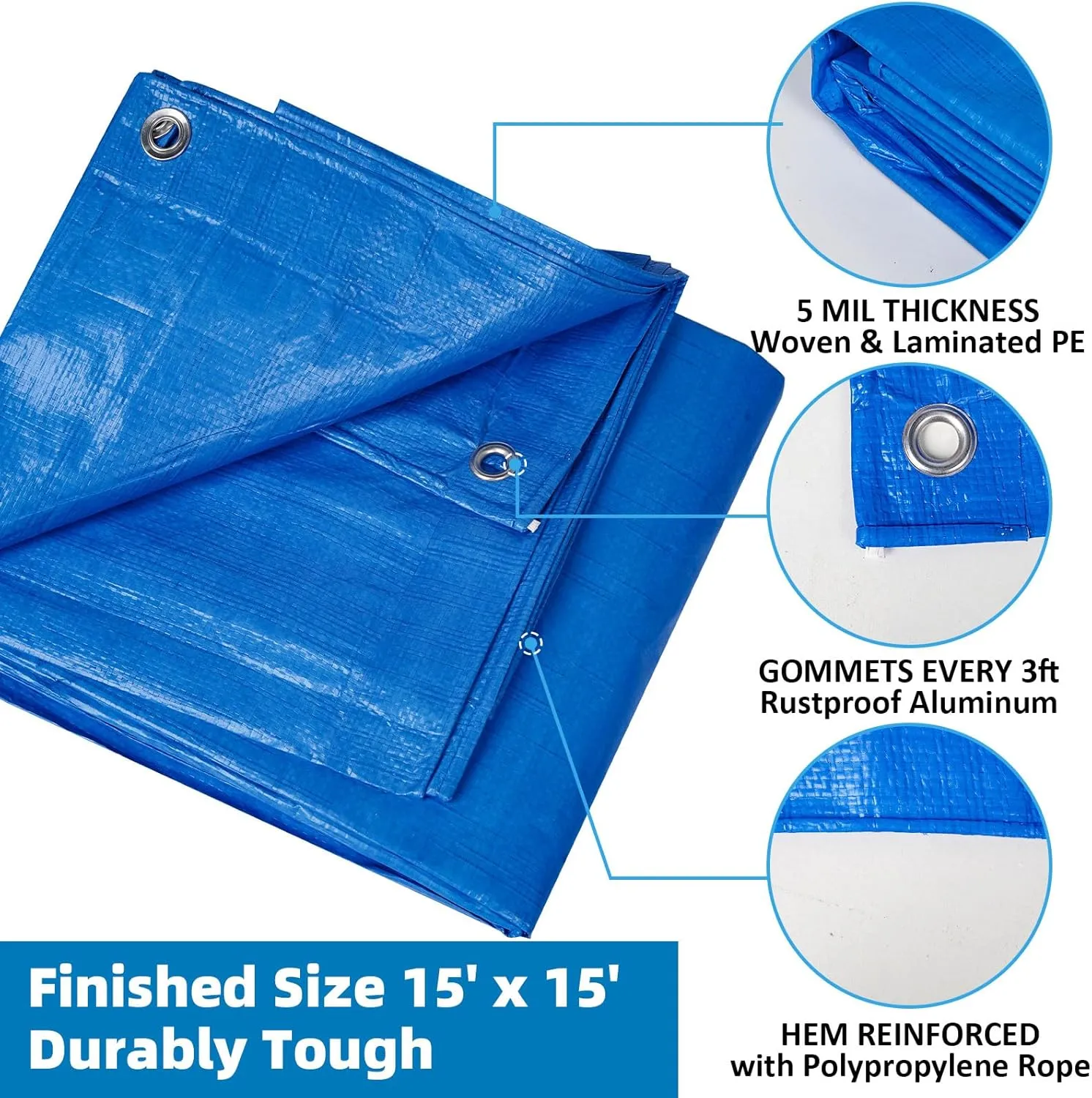 Double-Sided Waterproof Poly Tarp 15x15 Feet 5mil Thick Polyethylene Tarps, Perfect for Outdoor Use, Plastic Cover & Mat for Tent Camping Storage Boat Bikes Vehicles