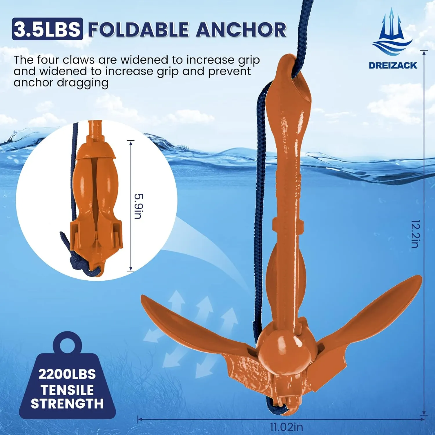 Dreizack Kayak Anchor Kit, 3.5 lb Folding Grapnel Boat Anchor Trolley Accessories with 40ft Rope and PVC Buoy for Fishing Kayaks SUP Paddle Boards Canoes Jet Ski PWC Inflatable Small Boats