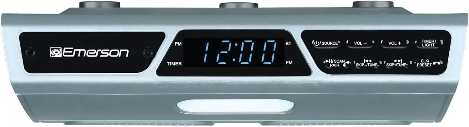 Emerson Under Counter Wireless Stereo Bluetooth Speaker with FM Radio, Cooking Timer, Digital Alarm Clock, LCD Display, LED Light, Dual Speakers - Easy Installation Under Cabinet For Home, Kitchen Use