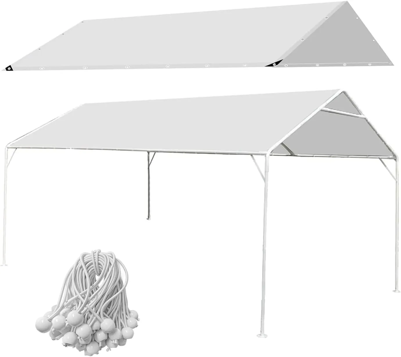 Eunika 10 x 20 Ft Carport Replacement Canopy Cover Garage Car Top Tent PE Fabric Shelter Tarp Tent with 50 Ball Bungee Cords, Waterproof & UV Protected (Only Cover, Frame Not Include), White