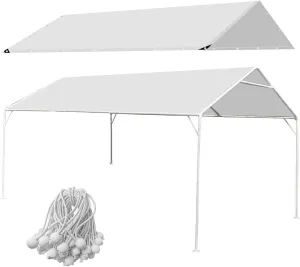 Eunika 10 x 20 Ft Carport Replacement Canopy Cover Garage Car Top Tent PE Fabric Shelter Tarp Tent with 50 Ball Bungee Cords, Waterproof & UV Protected (Only Cover, Frame Not Include), White