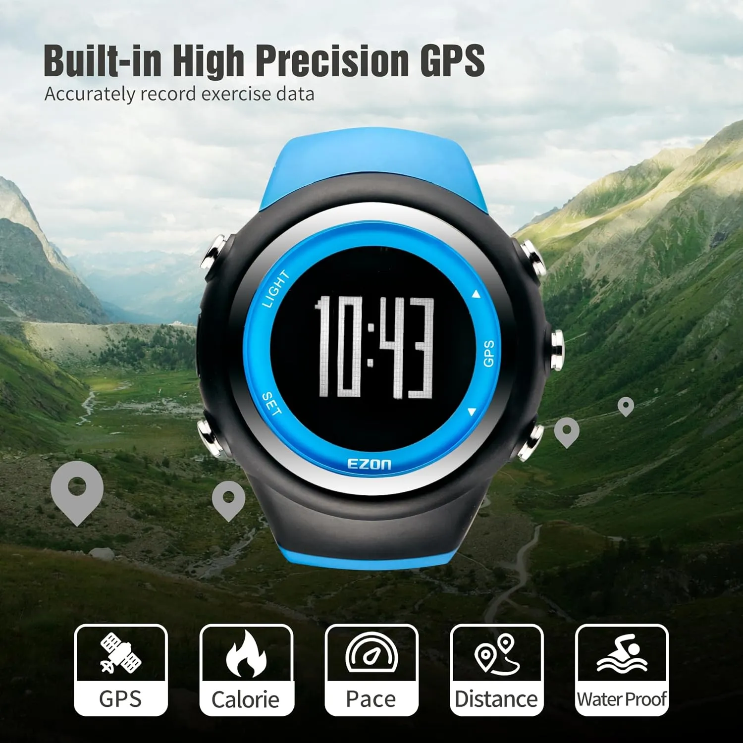 EZON GPS Running Watch with Distance Pace Alarm and Calorie Counter and Stopwatch for Men (Blue)