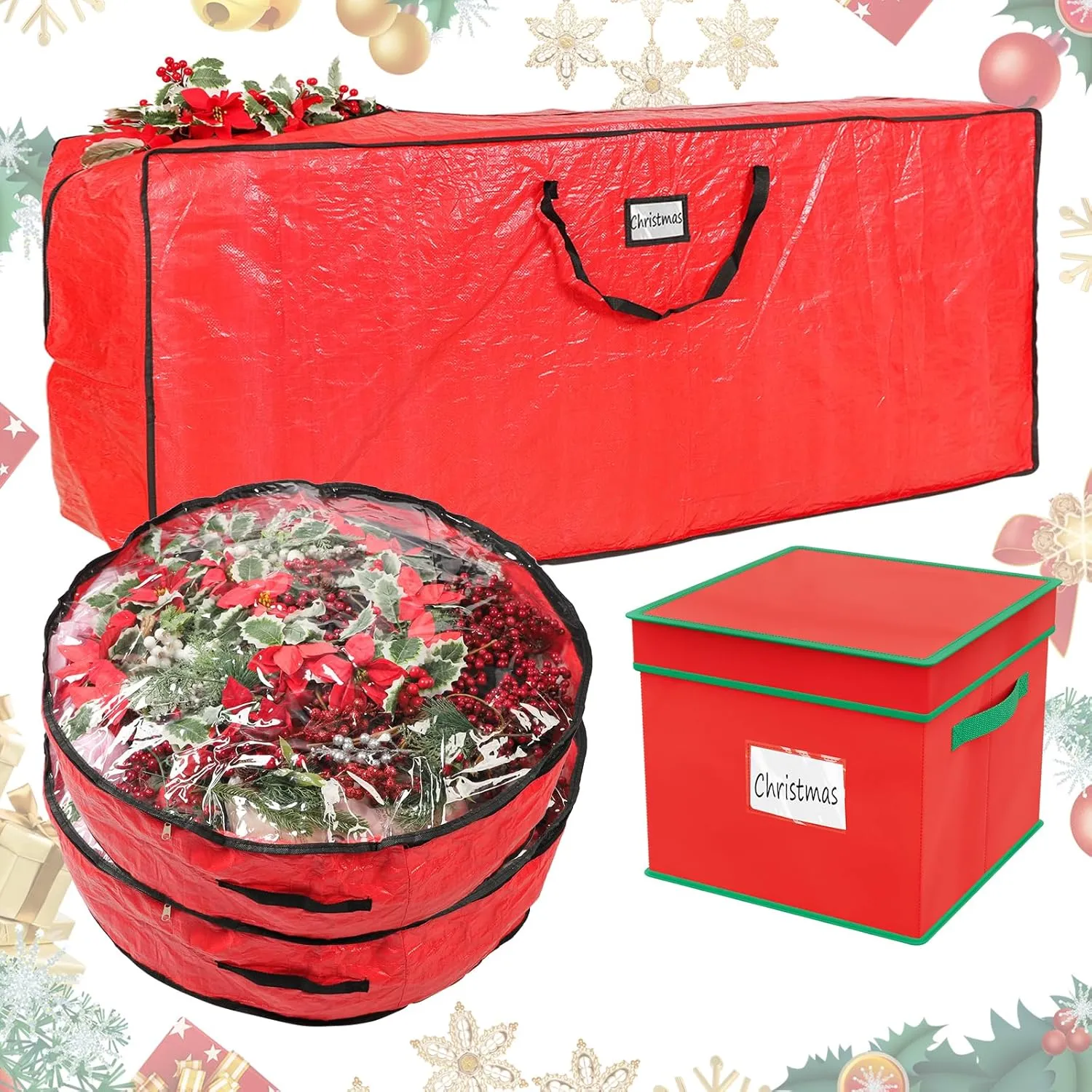 Falflor 4PCS Christmas Tree Storage Bag & Christmas Ornament Bag Sets Waterproof Xmas Ornament Storage Bag（Red）