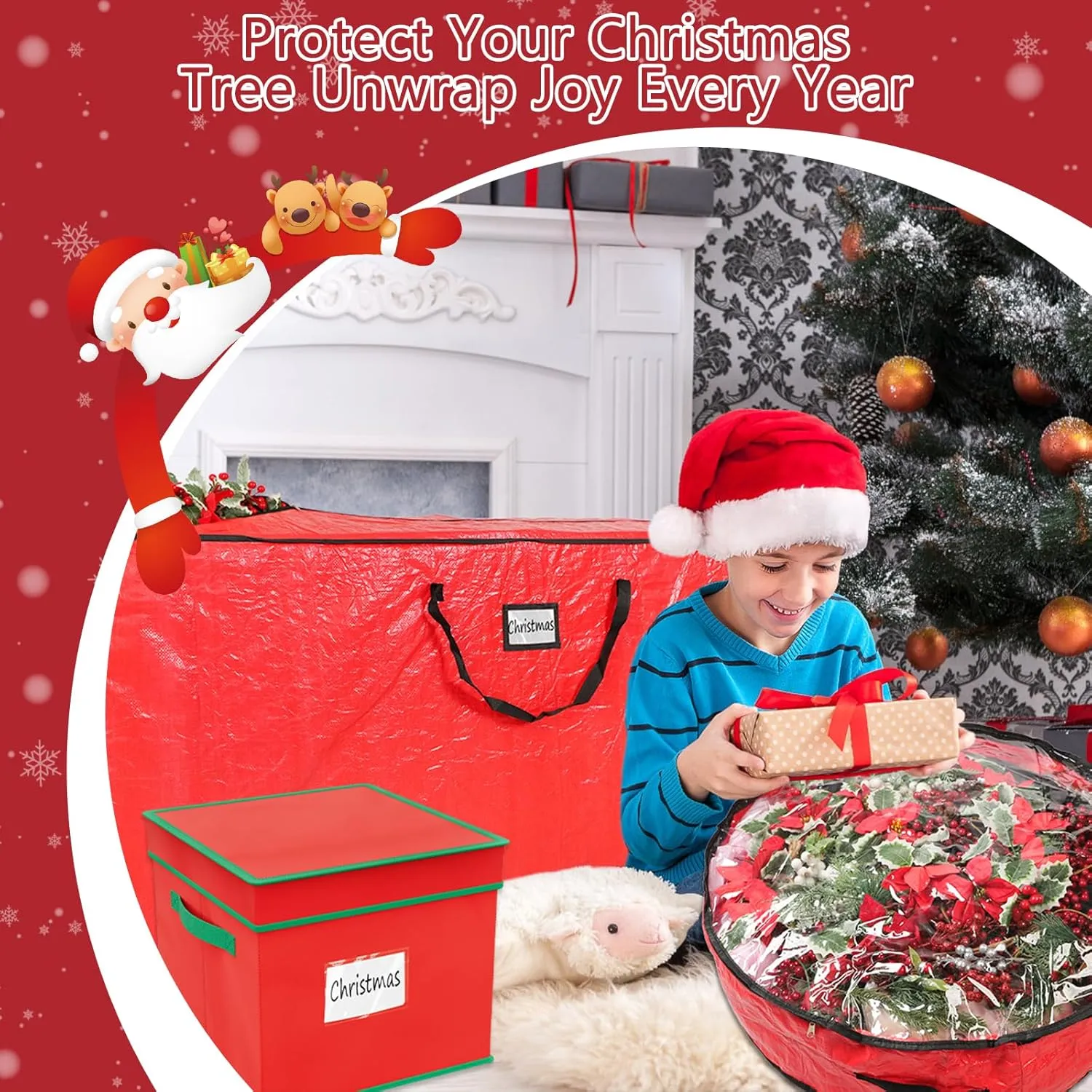 Falflor 4PCS Christmas Tree Storage Bag & Christmas Ornament Bag Sets Waterproof Xmas Ornament Storage Bag（Red）