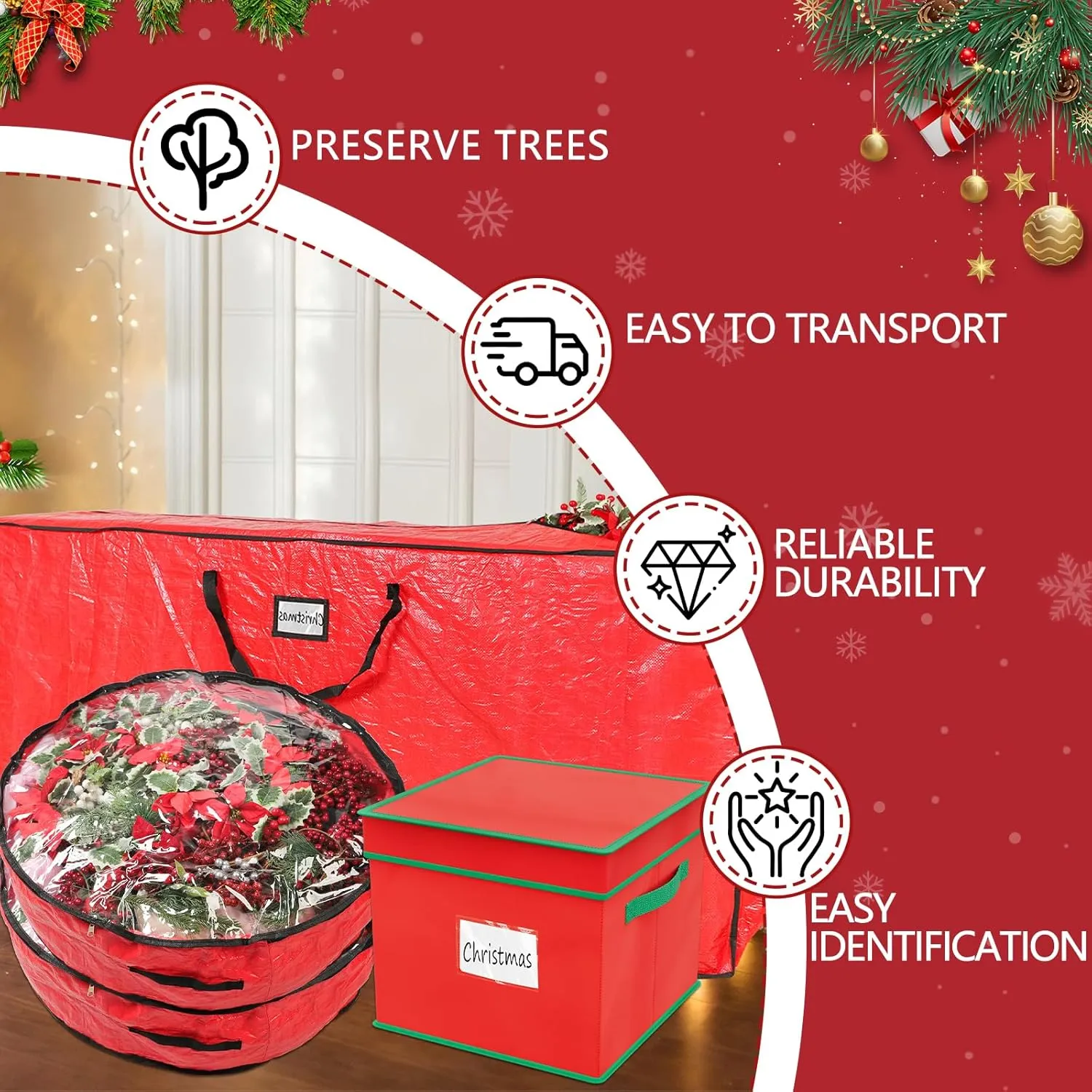 Falflor 4PCS Christmas Tree Storage Bag & Christmas Ornament Bag Sets Waterproof Xmas Ornament Storage Bag（Red）