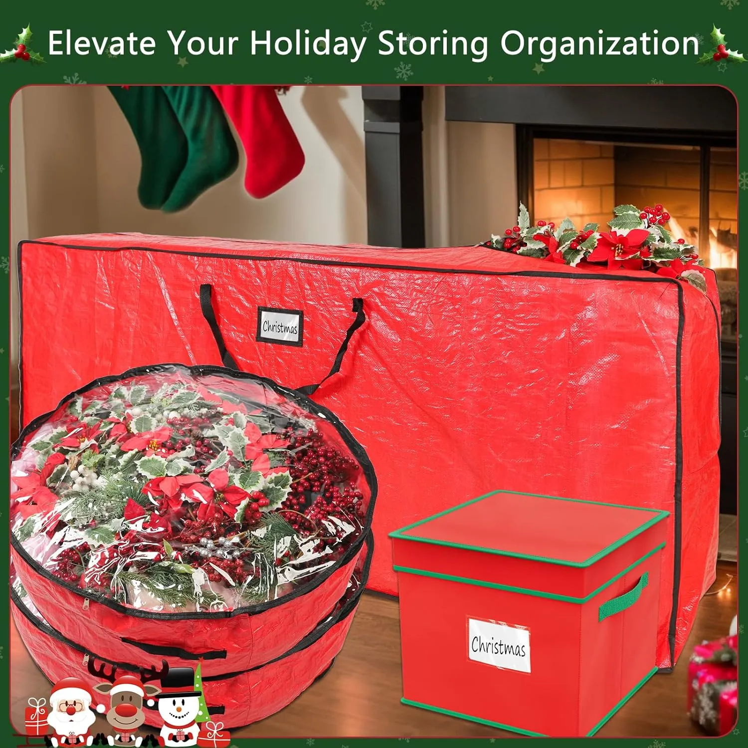 Falflor 4PCS Christmas Tree Storage Bag & Christmas Ornament Bag Sets Waterproof Xmas Ornament Storage Bag（Red）