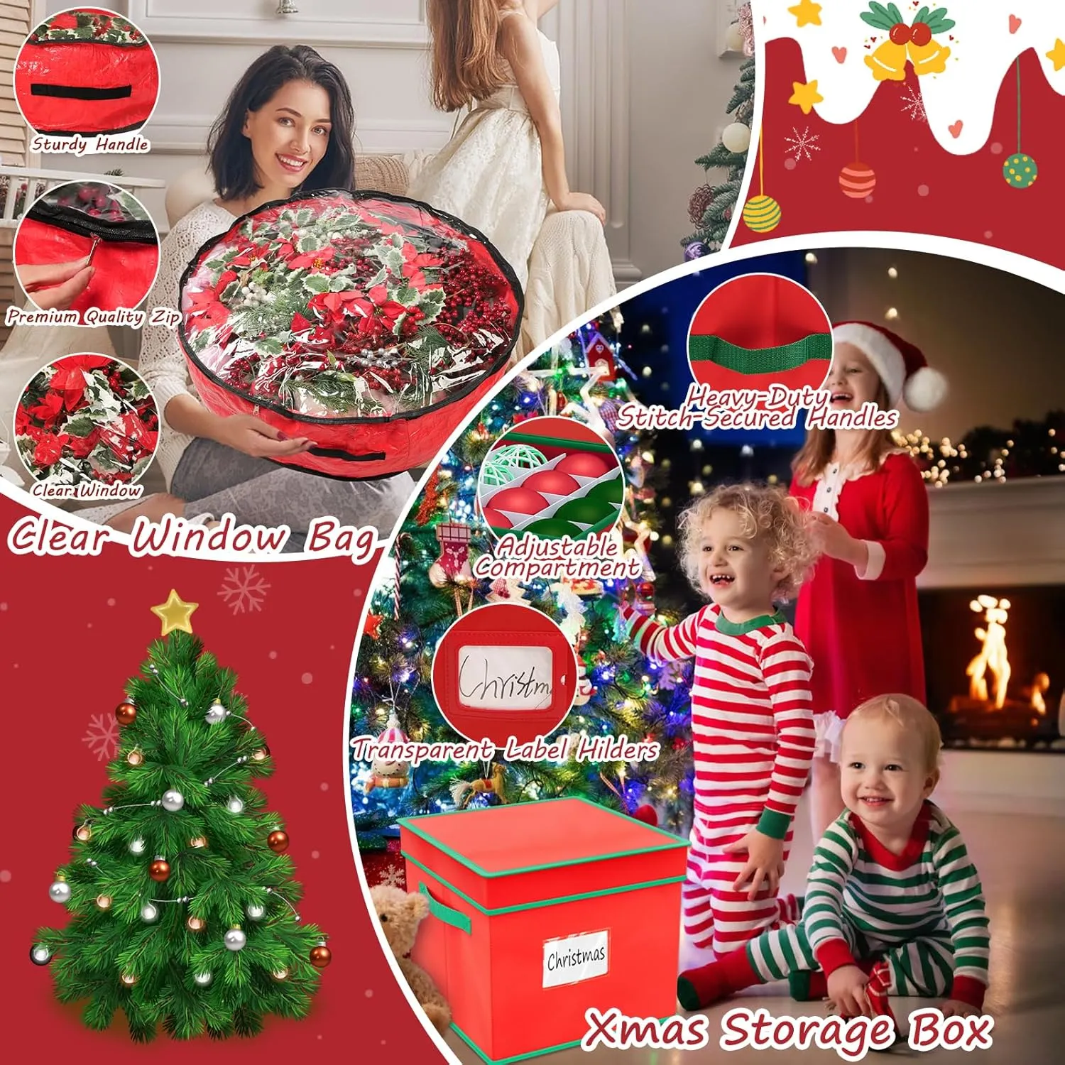 Falflor 4PCS Christmas Tree Storage Bag & Christmas Ornament Bag Sets Waterproof Xmas Ornament Storage Bag（Red）