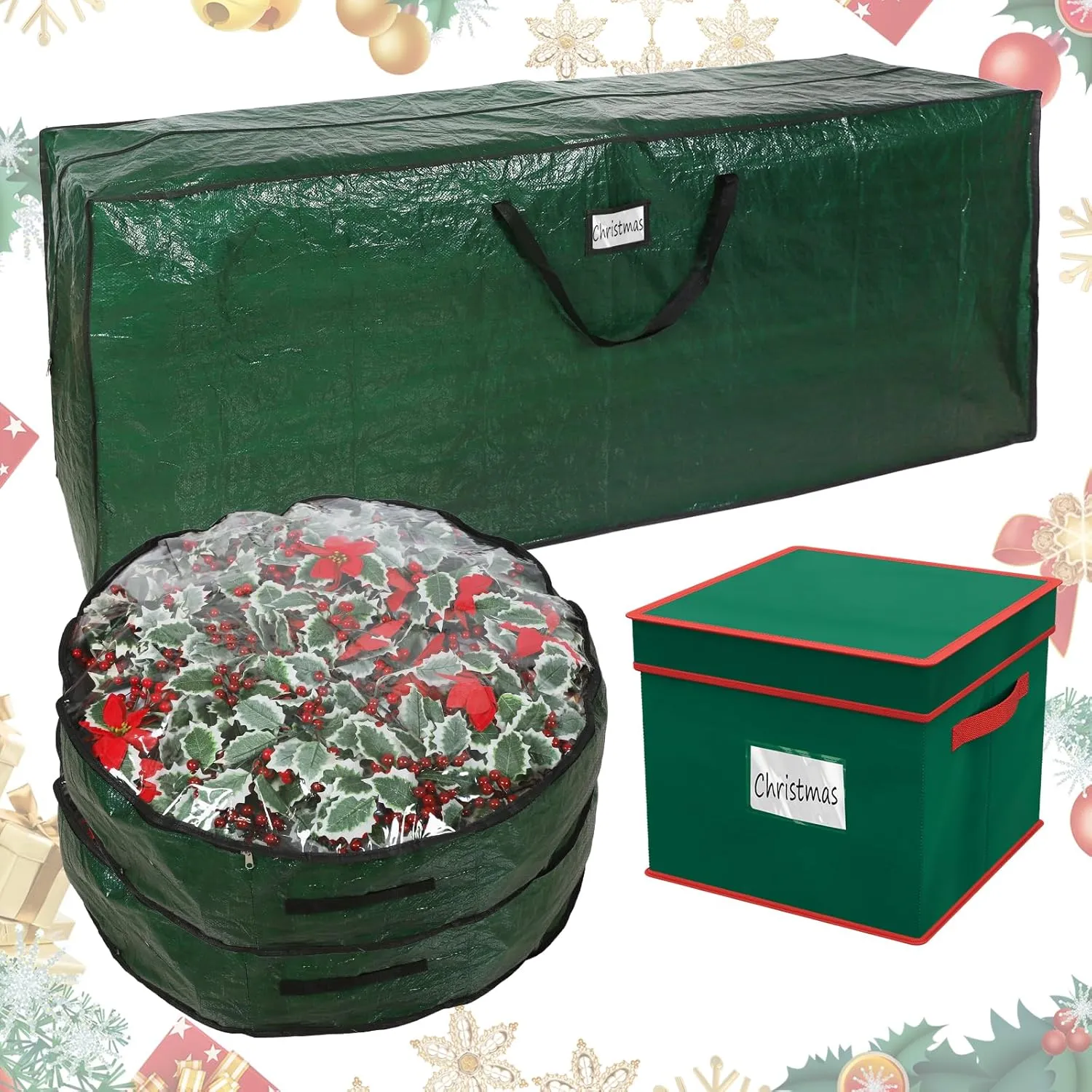Falflor 4Pcs Christmas Tree Storage Bag&Ornament Organizer Box Holiday Storage Containers Christmas Wreath Storage Bag
