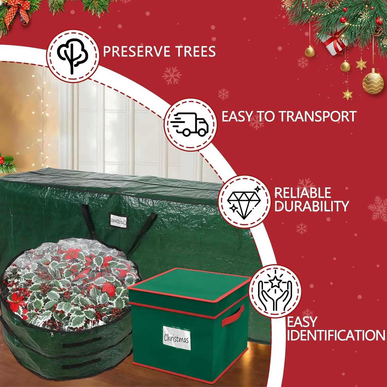Falflor 4Pcs Christmas Tree Storage Bag&Ornament Organizer Box Holiday Storage Containers Christmas Wreath Storage Bag