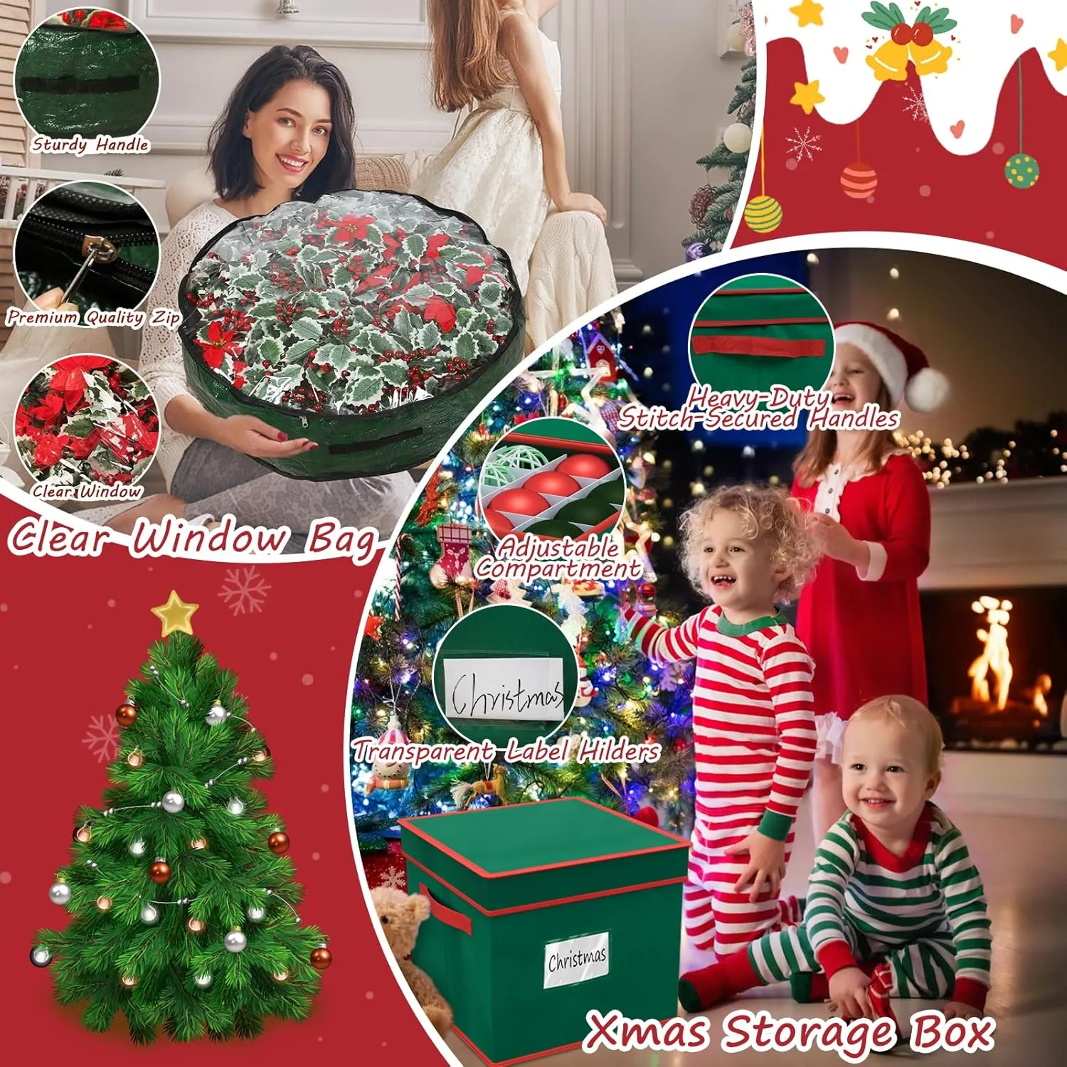 Falflor 4Pcs Christmas Tree Storage Bag&Ornament Organizer Box Holiday Storage Containers Christmas Wreath Storage Bag