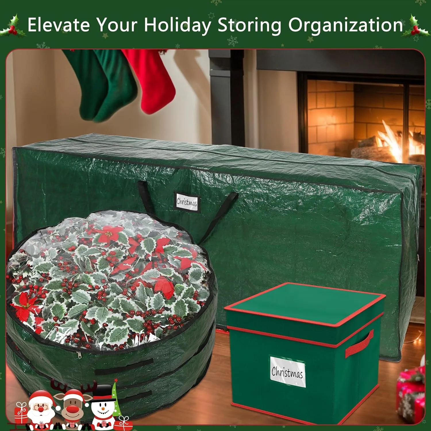 Falflor 4Pcs Christmas Tree Storage Bag&Ornament Organizer Box Holiday Storage Containers Christmas Wreath Storage Bag