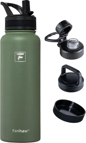 Fanhaw 40 oz Stainless Steel Insulated Water Bottle With 3 Lids (Straw, Spout and Carabiner Lid) - Double Walled Travel Thermal Canteen Mug (Olive Green)