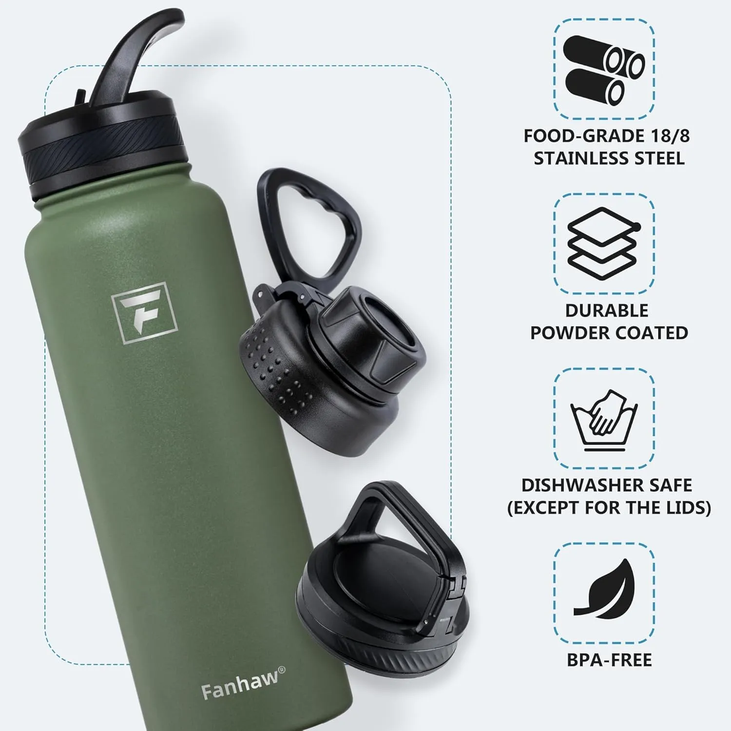 Fanhaw 40 oz Stainless Steel Insulated Water Bottle With 3 Lids (Straw, Spout and Carabiner Lid) - Double Walled Travel Thermal Canteen Mug (Olive Green)