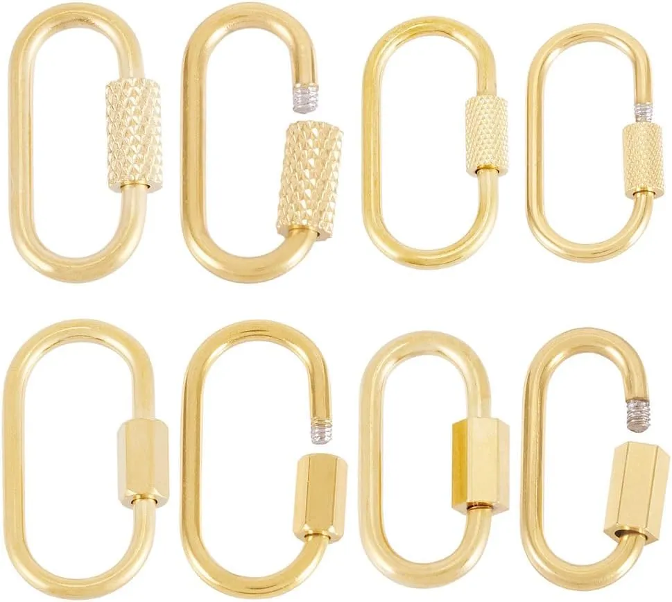 FASHEWELRY 8Pcs Assorted Mini Stainless Steel Screw Carabiner Lock Gold Carabiner Charms Oval Screw Lock Keychain Clasps for Jewelry Making Handbag Keychain DIY Accessory