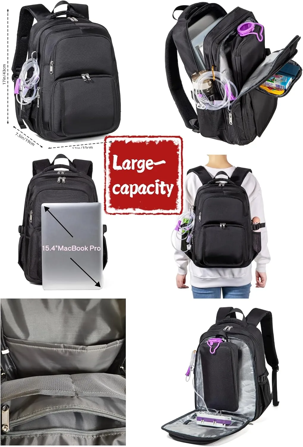 Feeding Tube Backpack for G J GJ Tube G tube Accessories Supplies Backpack for Enteral Feeding Pump Bags Fits 500ml to 1000ml for Adults (Black)