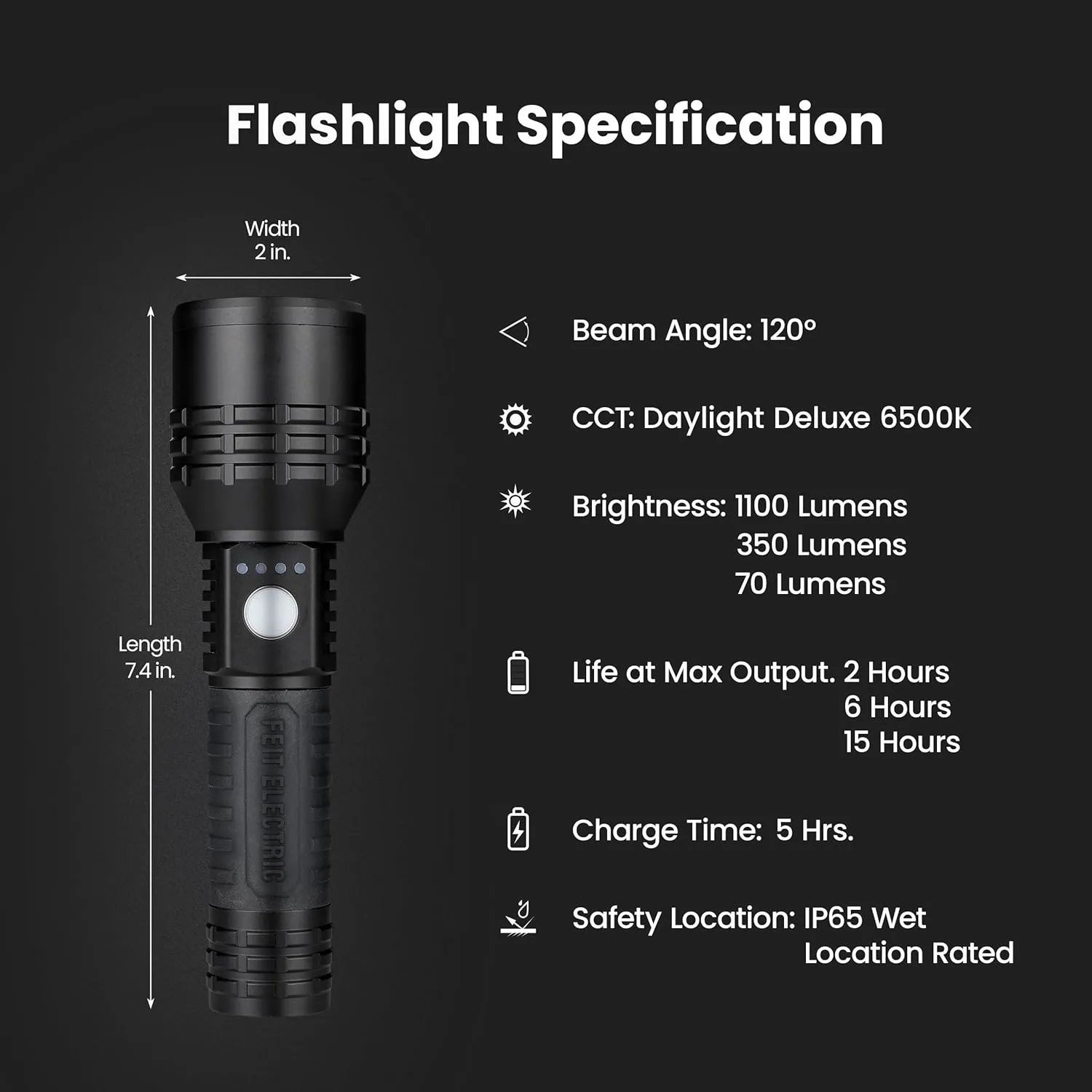 Feit Electric Long Range Flashlight, 1100 Lumens, Aircraft-Grade Aluminum, USB-C Rechargeable & AAA Compatible, Adjustable Focus, 3 Light Modes, Weather-Resistant, Built-in USB Port, FLR1100/LT/FLEX