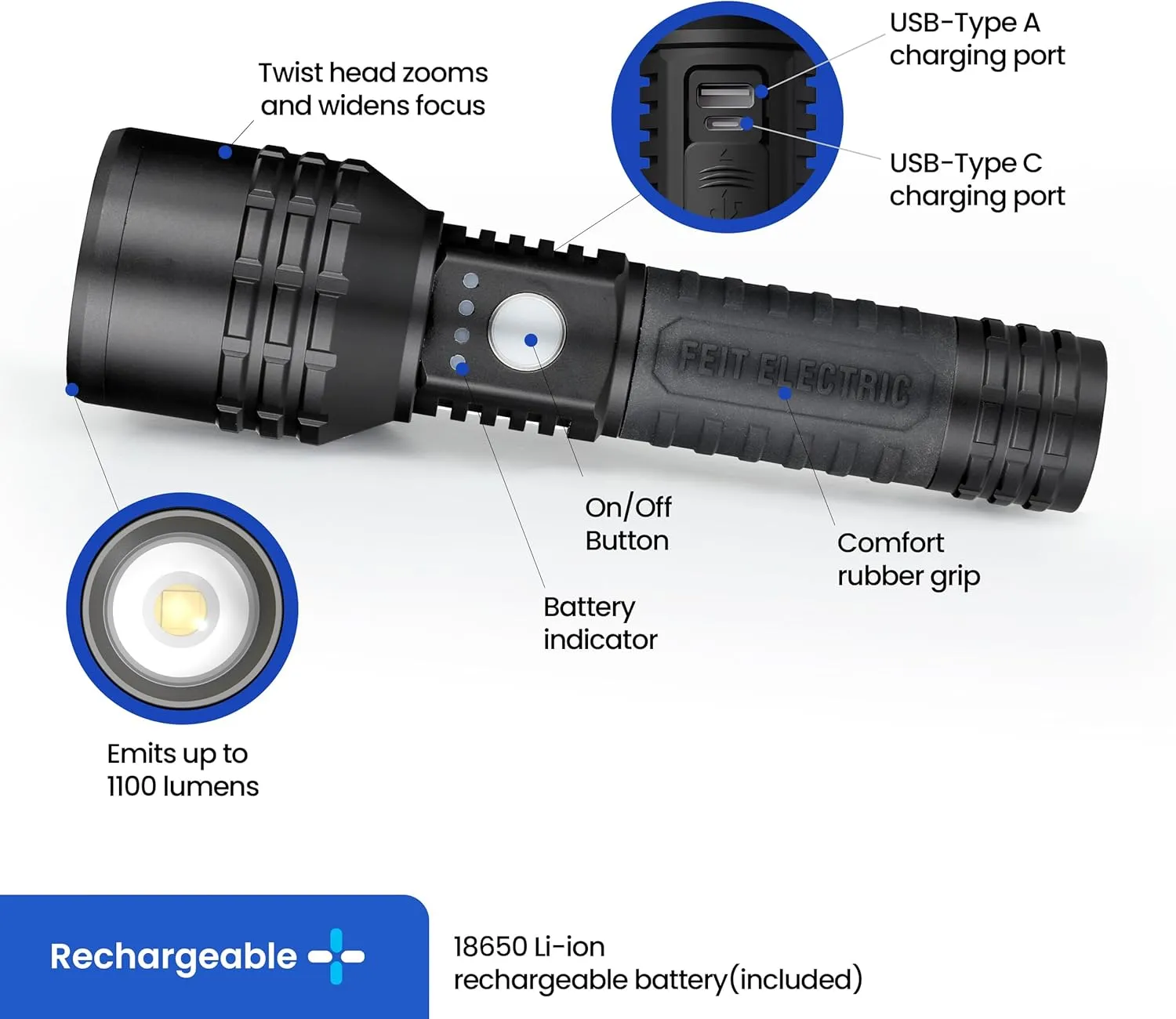 Feit Electric Long Range Flashlight, 1100 Lumens, Aircraft-Grade Aluminum, USB-C Rechargeable & AAA Compatible, Adjustable Focus, 3 Light Modes, Weather-Resistant, Built-in USB Port, FLR1100/LT/FLEX