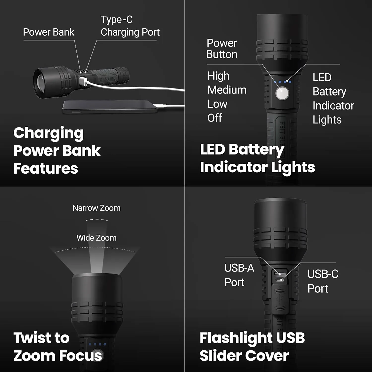 Feit Electric Long Range Flashlight, 1100 Lumens, Aircraft-Grade Aluminum, USB-C Rechargeable & AAA Compatible, Adjustable Focus, 3 Light Modes, Weather-Resistant, Built-in USB Port, FLR1100/LT/FLEX