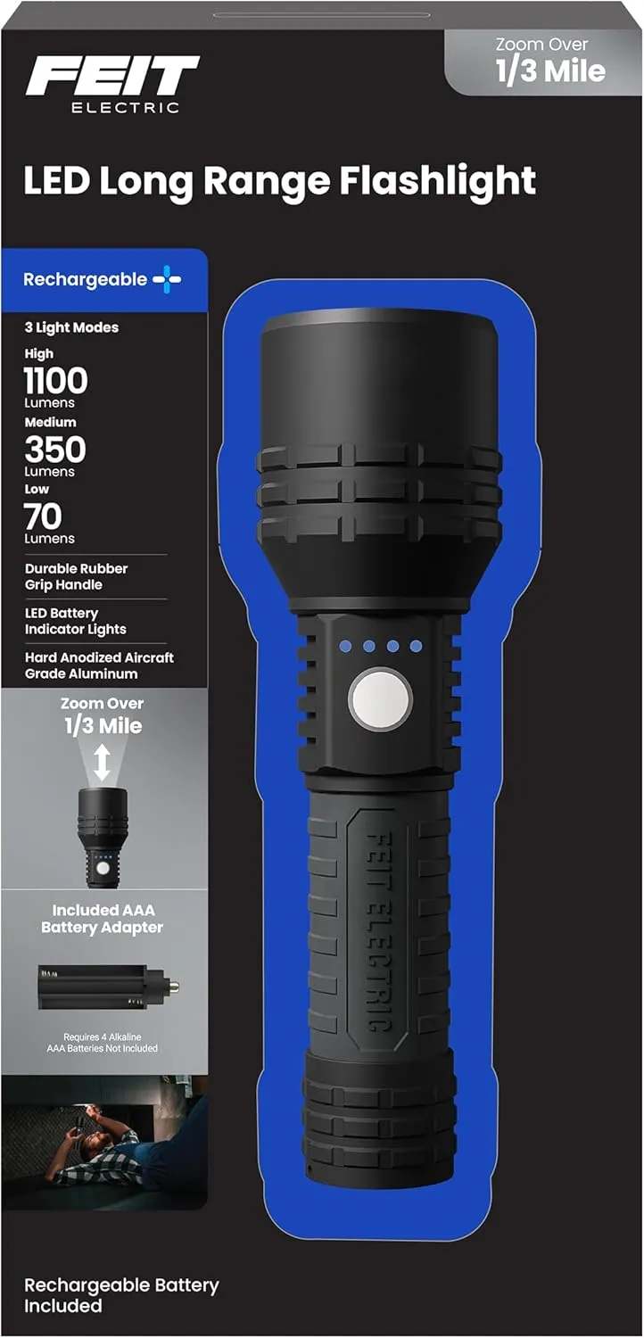 Feit Electric Long Range Flashlight, 1100 Lumens, Aircraft-Grade Aluminum, USB-C Rechargeable & AAA Compatible, Adjustable Focus, 3 Light Modes, Weather-Resistant, Built-in USB Port, FLR1100/LT/FLEX