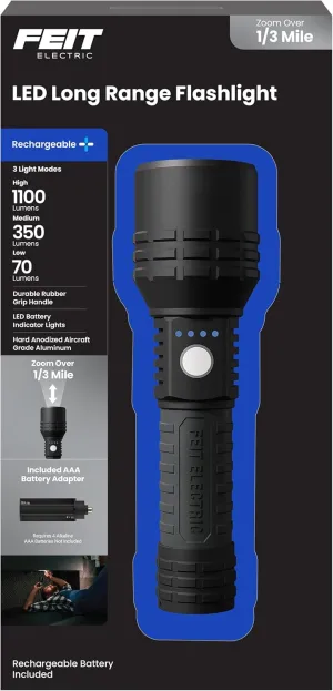 Feit Electric Long Range Flashlight, 1100 Lumens, Aircraft-Grade Aluminum, USB-C Rechargeable & AAA Compatible, Adjustable Focus, 3 Light Modes, Weather-Resistant, Built-in USB Port, FLR1100/LT/FLEX