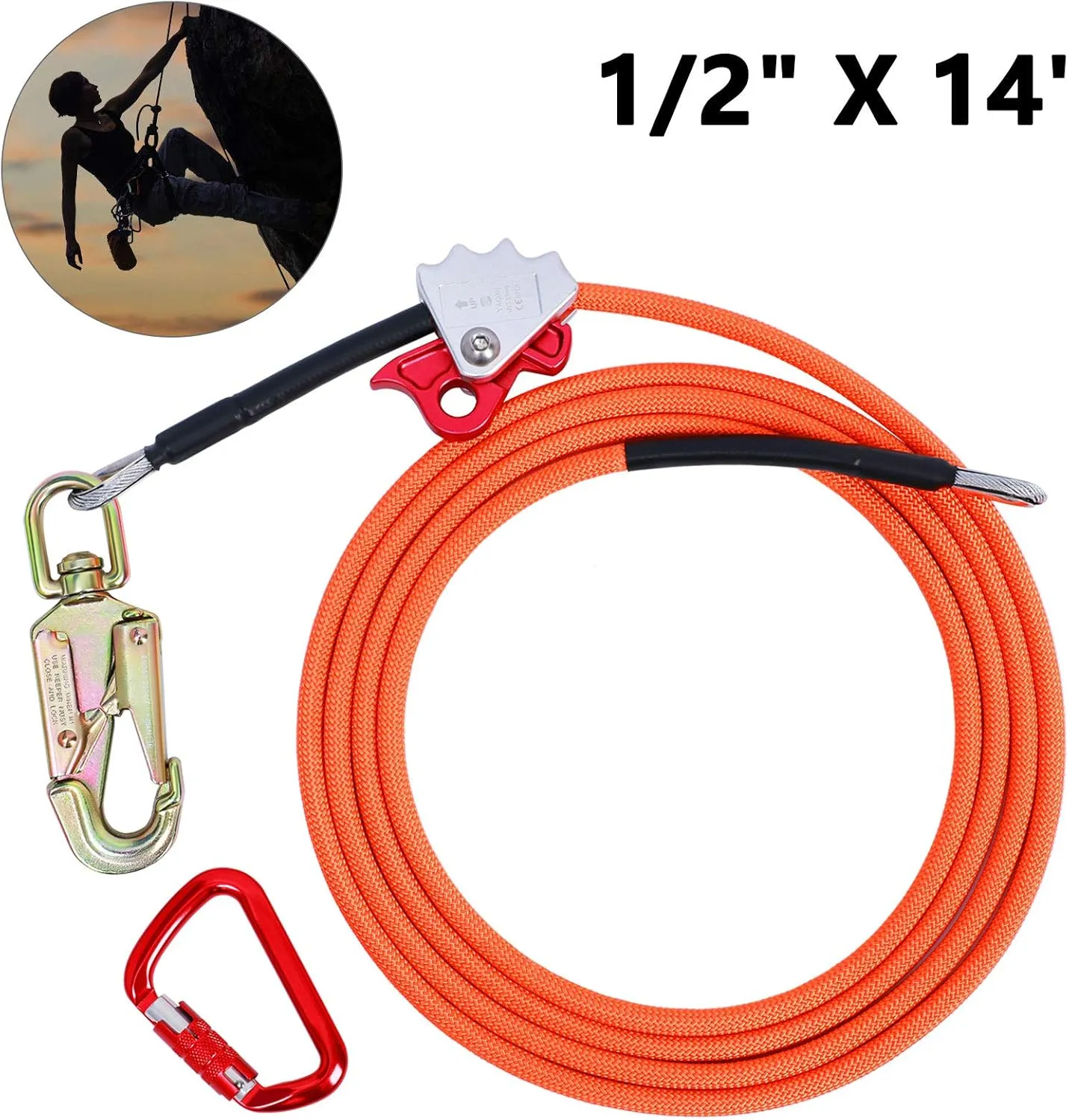 Flip Line, Wire Core Flipline 1/2" X 14', Wire Core Flip Line Kit with Triple Lock Carabiner Adjuster, Steel Swivel Snap, Climbing Flipline for Fall Protection, Arborist, Tree Climbers