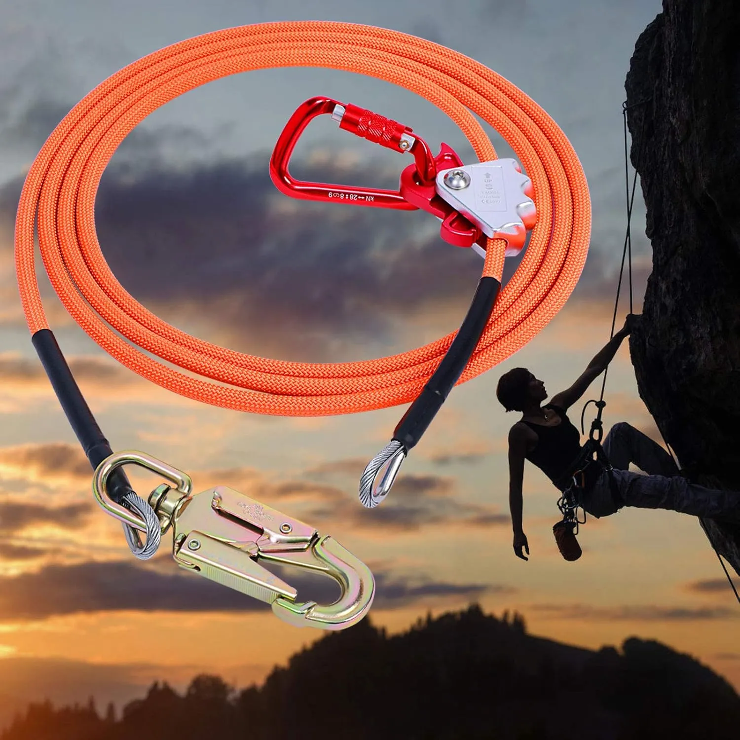 Flip Line, Wire Core Flipline 1/2" X 14', Wire Core Flip Line Kit with Triple Lock Carabiner Adjuster, Steel Swivel Snap, Climbing Flipline for Fall Protection, Arborist, Tree Climbers