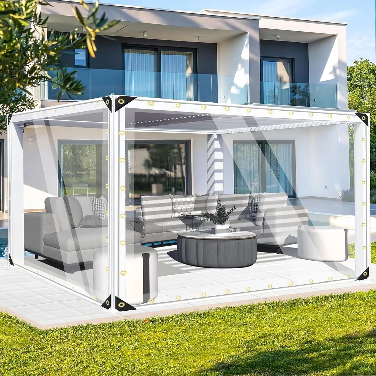 FoundGo 7' x 8'(2.1x2.4m) Clear Tarps PVC Vinyl Transparency Tarpaulin Glass with Golden Metal Grommets，Protects Against Water, UV-Ray, Tear, Cold Weather Resistan-1pc