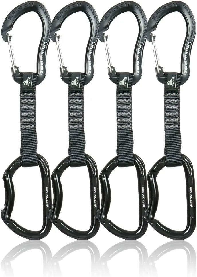 Fusion Climb 4-Pack 12cm Tactical Military Rescue Quickdraw Set with Techno Zoom Wire Gate Black/Vapor Bent Gate Black Carabiners