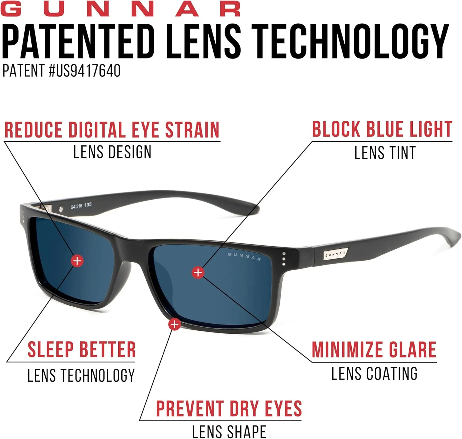 Gaming Glasses | Blue Light Blocking Glasses | Vertex/Onyx by Gunnar | Patented 90% Blue Light & Sun Protection (100% UVA/UVB), 100% UV Light, Anti-Reflective to Protect & Reduce Eye Strain & Dryness