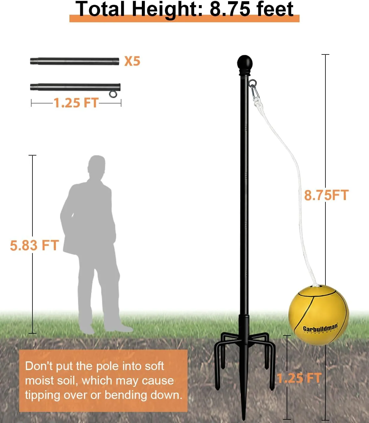 Garbuildman Tetherball Set with Ball & Rope for Outdoor Backyard, Adjustable Tether Ball Pole with Reinforced 5-Prong Base for Playground, Outside Ball Games Sports for Kids & Adults, Black