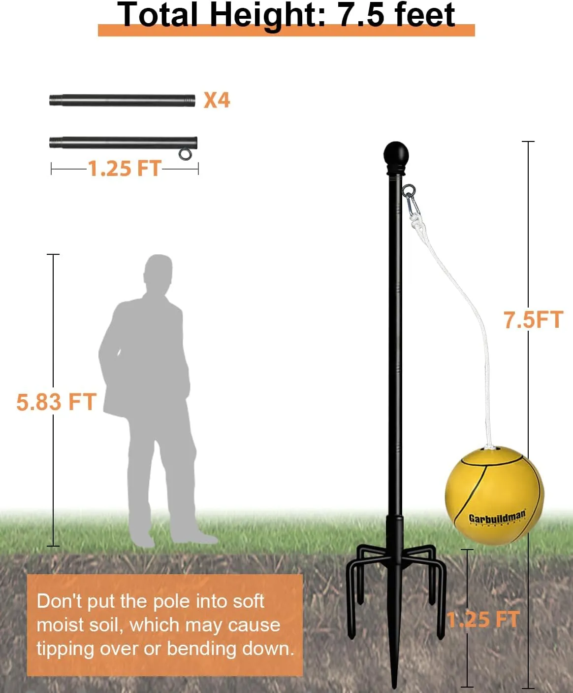 Garbuildman Tetherball Set with Ball & Rope for Outdoor Backyard, Adjustable Tether Ball Pole with Reinforced 5-Prong Base for Playground, Outside Ball Games Sports for Kids & Adults, Black