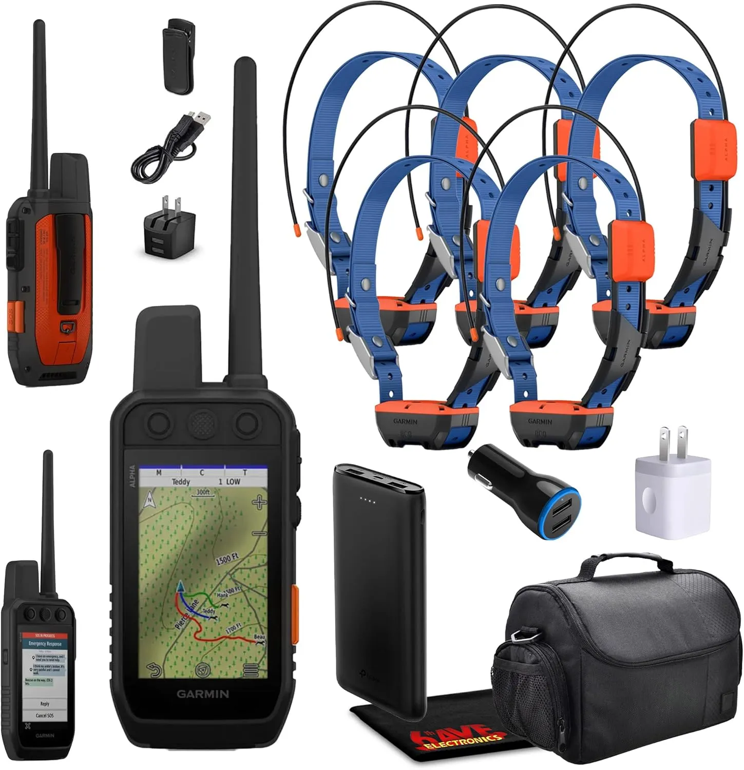 Garmin Alpha 300i Handheld Advanced Dog Tracker & Training System with inReach Technology Bundle with 5X Garmin Dog Collars Alpha T20 Tracking Collar for Dogs with GPS   Field Bag   Accessories