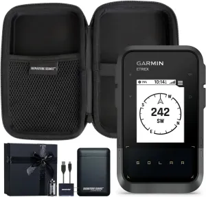 Garmin eTrex Solar Powered GPS Handheld Navigator | Unlimited Solar Charging, Bright Screen, Multi-Band GNSS, Digital Compass, Geochaching, for Hiking | with Signature Series Gift Bundle