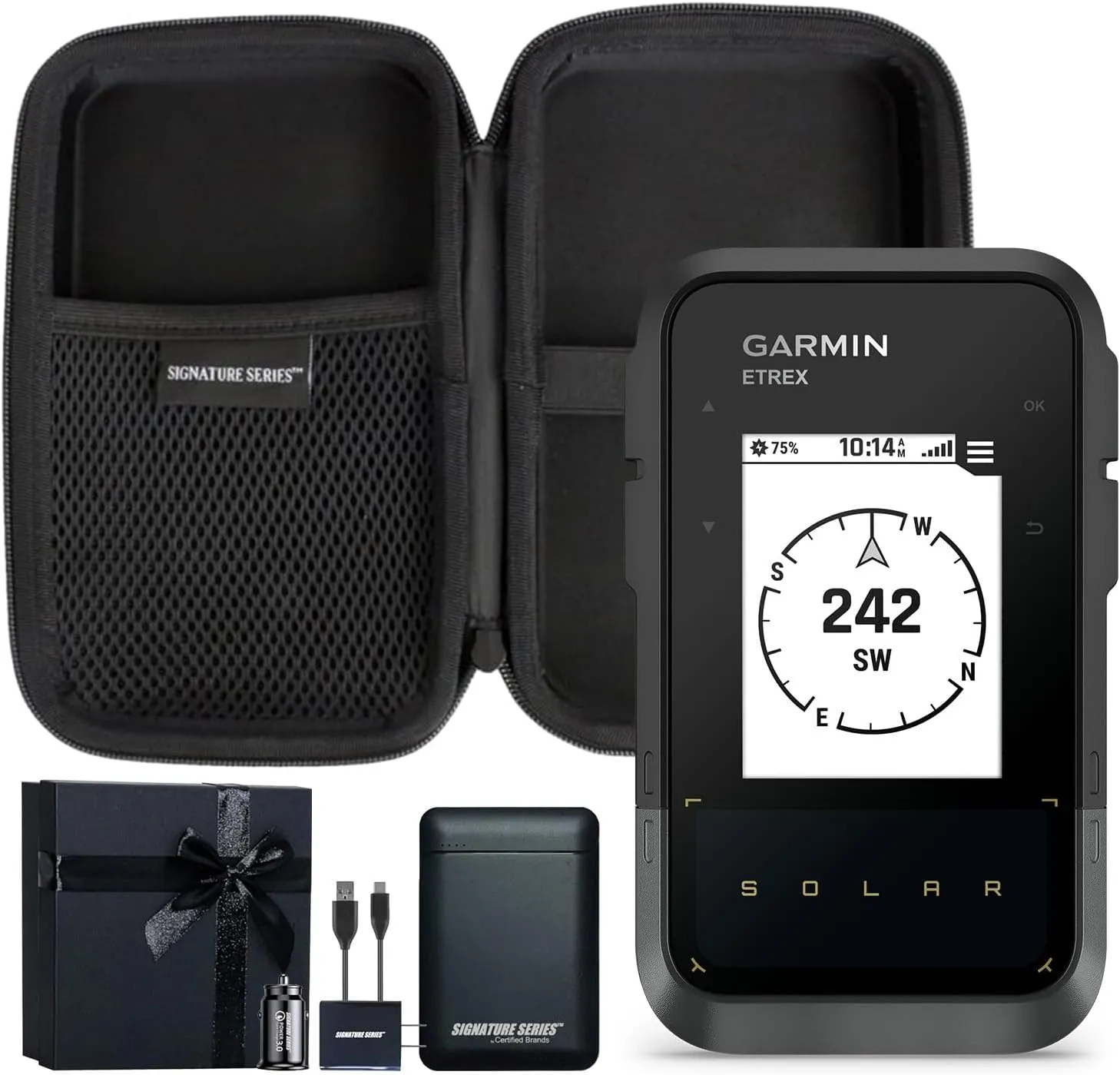 Garmin eTrex Solar Powered GPS Handheld Navigator | Unlimited Solar Charging, Bright Screen, Multi-Band GNSS, Digital Compass, Geochaching, for Hiking | with Signature Series Gift Bundle