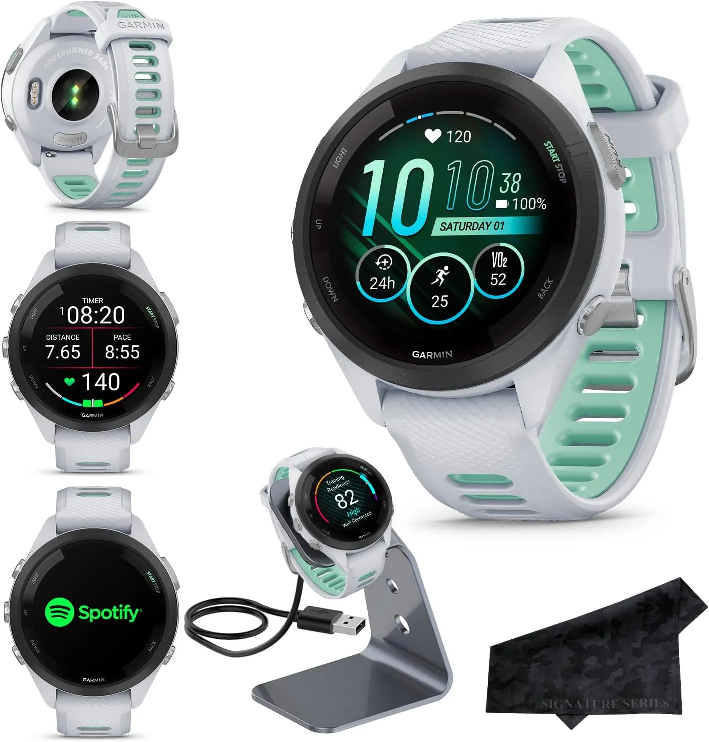 Garmin Forerunner 265S Advanced Multisport Touchscreen Smartwatch, Whitestone, Heart Rate Monitor, Daily Suggested Workouts, Up to 15 Day Battery Life - Signature Charging Bundle