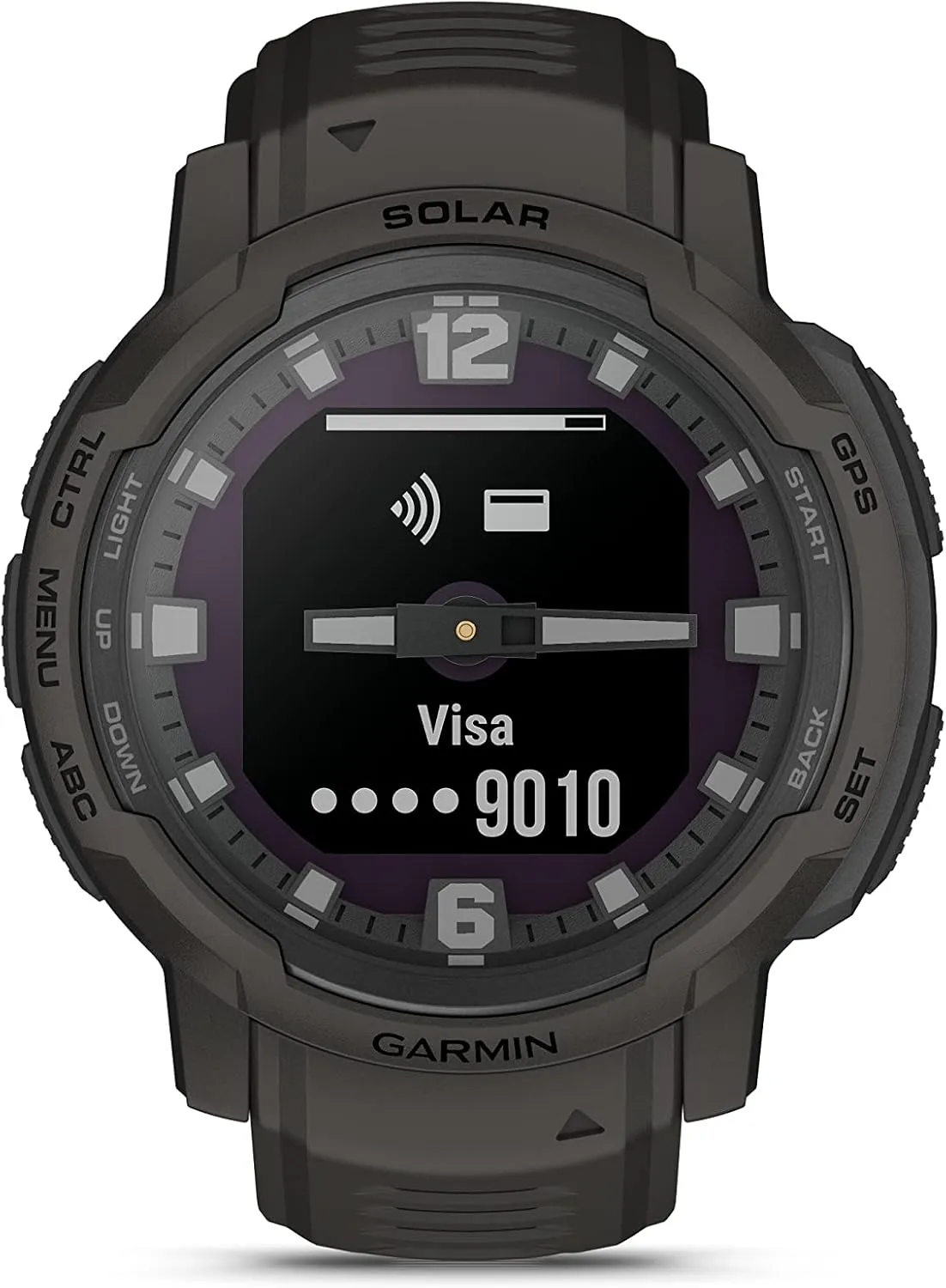 Garmin Instinct Crossover Solar, Rugged Hybrid Multisport GPS Smartwatch, Graphite | Heart Rate Monitor, Analog Hands, Digital Display, Up to 28 Day Battery Life with Signature Series Charging Bundle