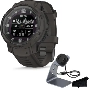 Garmin Instinct Crossover Solar, Rugged Hybrid Multisport GPS Smartwatch, Graphite | Heart Rate Monitor, Analog Hands, Digital Display, Up to 28 Day Battery Life with Signature Series Charging Bundle