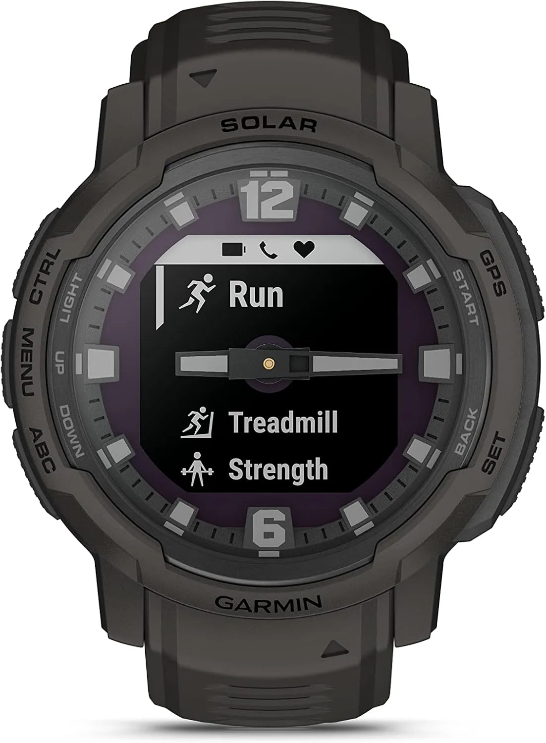 Garmin Instinct Crossover Solar, Rugged Hybrid Multisport GPS Smartwatch, Graphite | Heart Rate Monitor, Analog Hands, Digital Display, Up to 28 Day Battery Life with Signature Series Charging Bundle