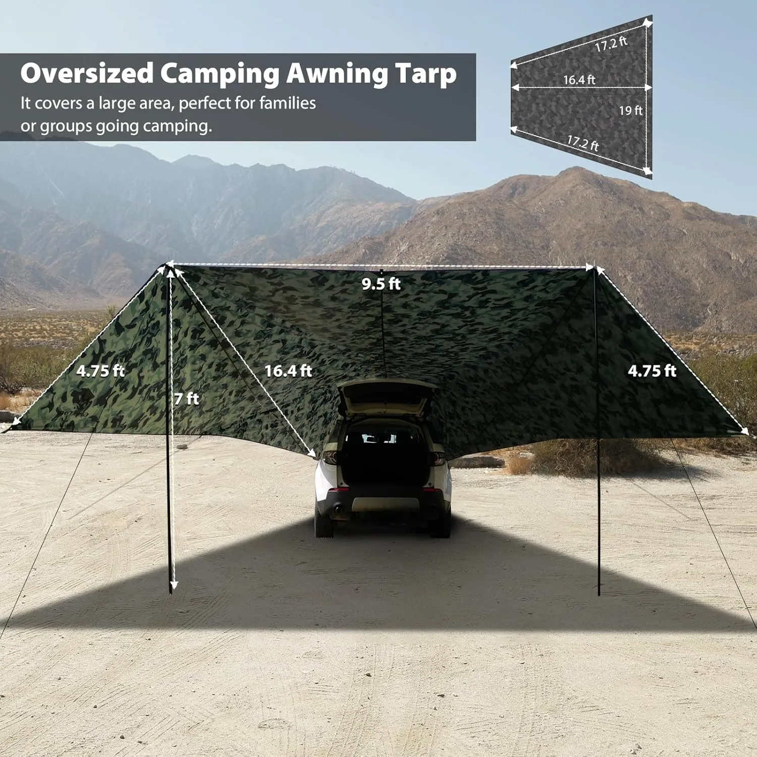 GEERTOP Large Car Awning Tarp for Camping Backpacking Tarp SUV Tailgate Truck Canopy Sun Shade Waterproof Outdoor Rear Vehicle Awning Shelter for Van, MPV, Campers