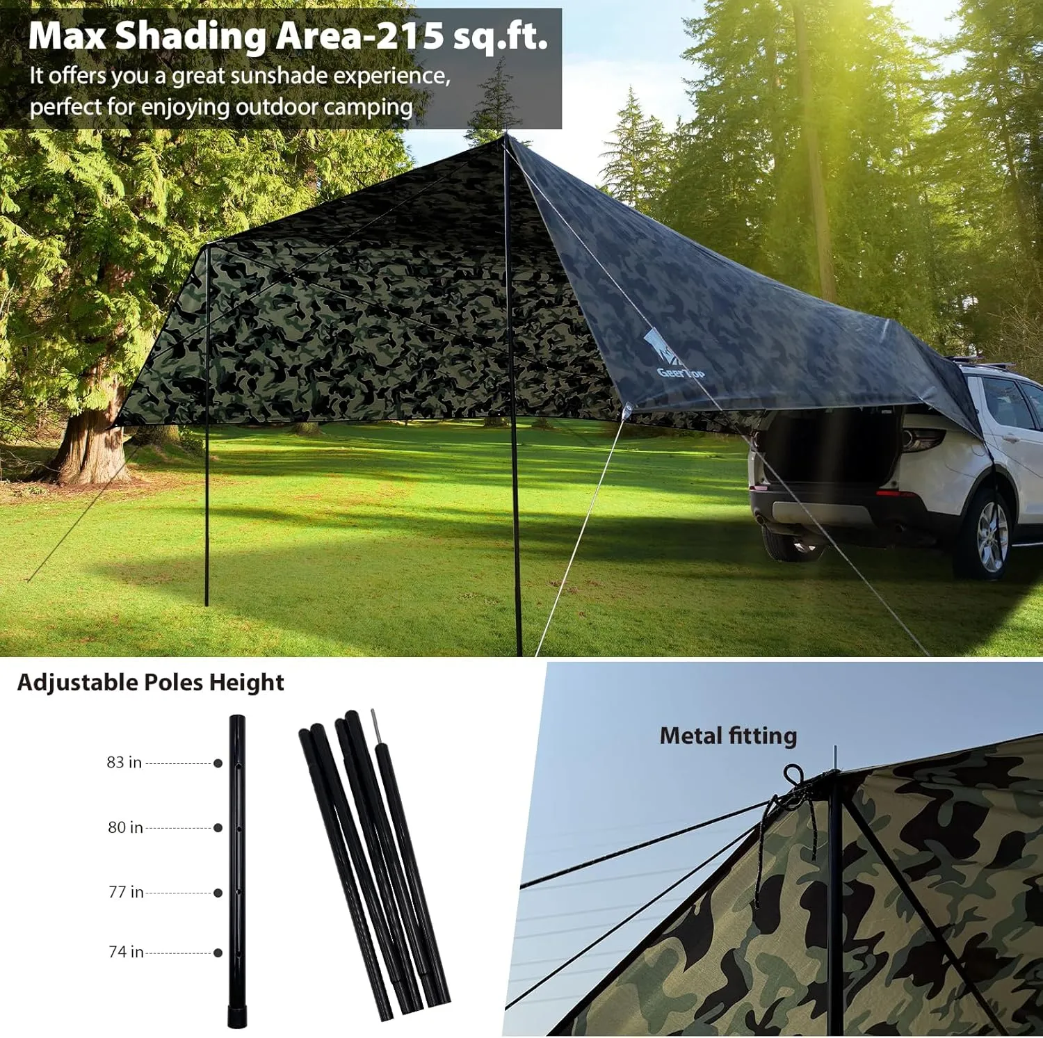 GEERTOP Large Car Awning Tarp for Camping Backpacking Tarp SUV Tailgate Truck Canopy Sun Shade Waterproof Outdoor Rear Vehicle Awning Shelter for Van, MPV, Campers