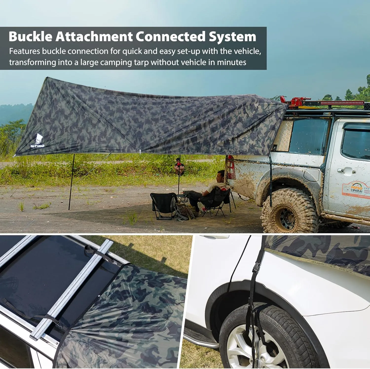 GEERTOP Large Car Awning Tarp for Camping Backpacking Tarp SUV Tailgate Truck Canopy Sun Shade Waterproof Outdoor Rear Vehicle Awning Shelter for Van, MPV, Campers