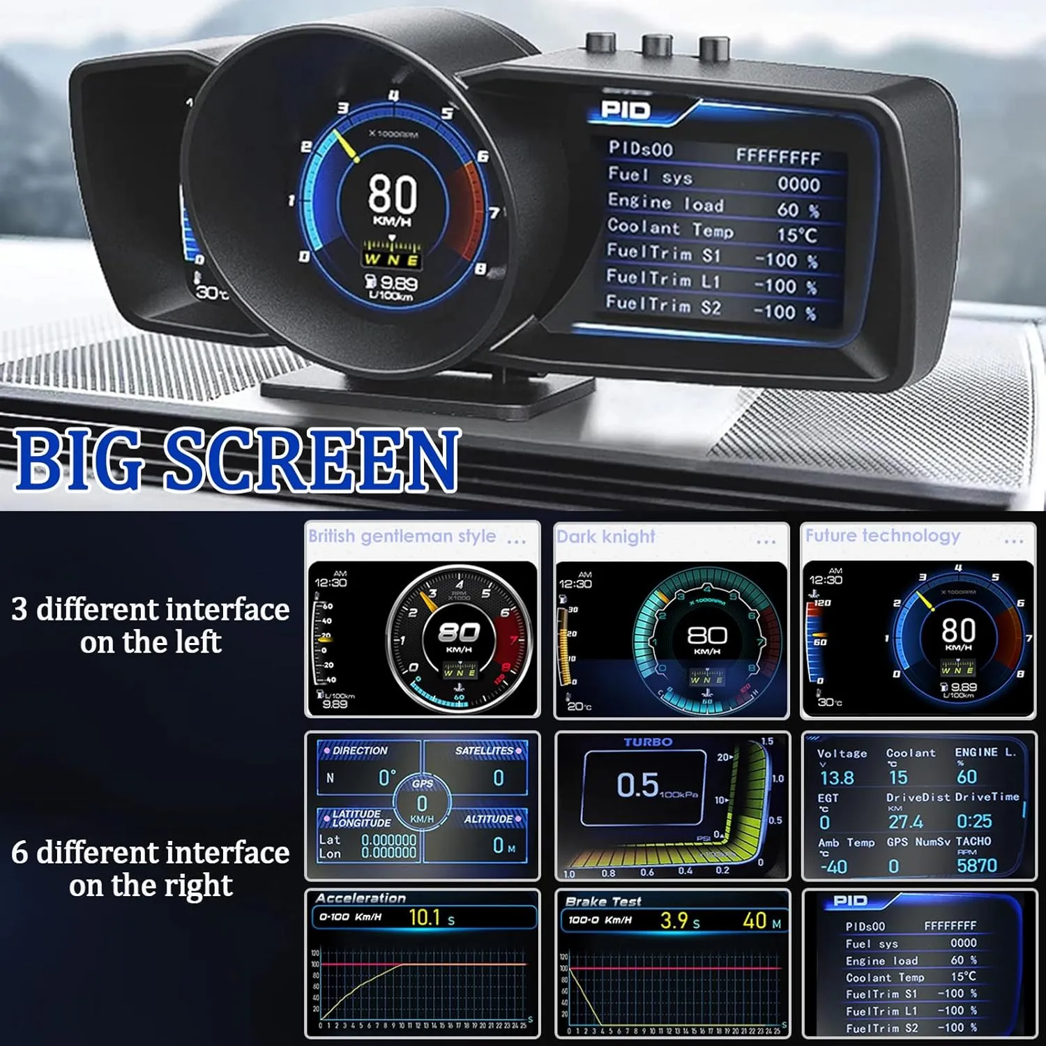Geloo Car HUD Head Up Display with OBD2   GPS Dual System Digtial Speedometer with 3 LCD Screens A600 Multi-Function Dashboard Computer OBD Mode only for 2012 and Later Cars, GPS Mode for All Cars