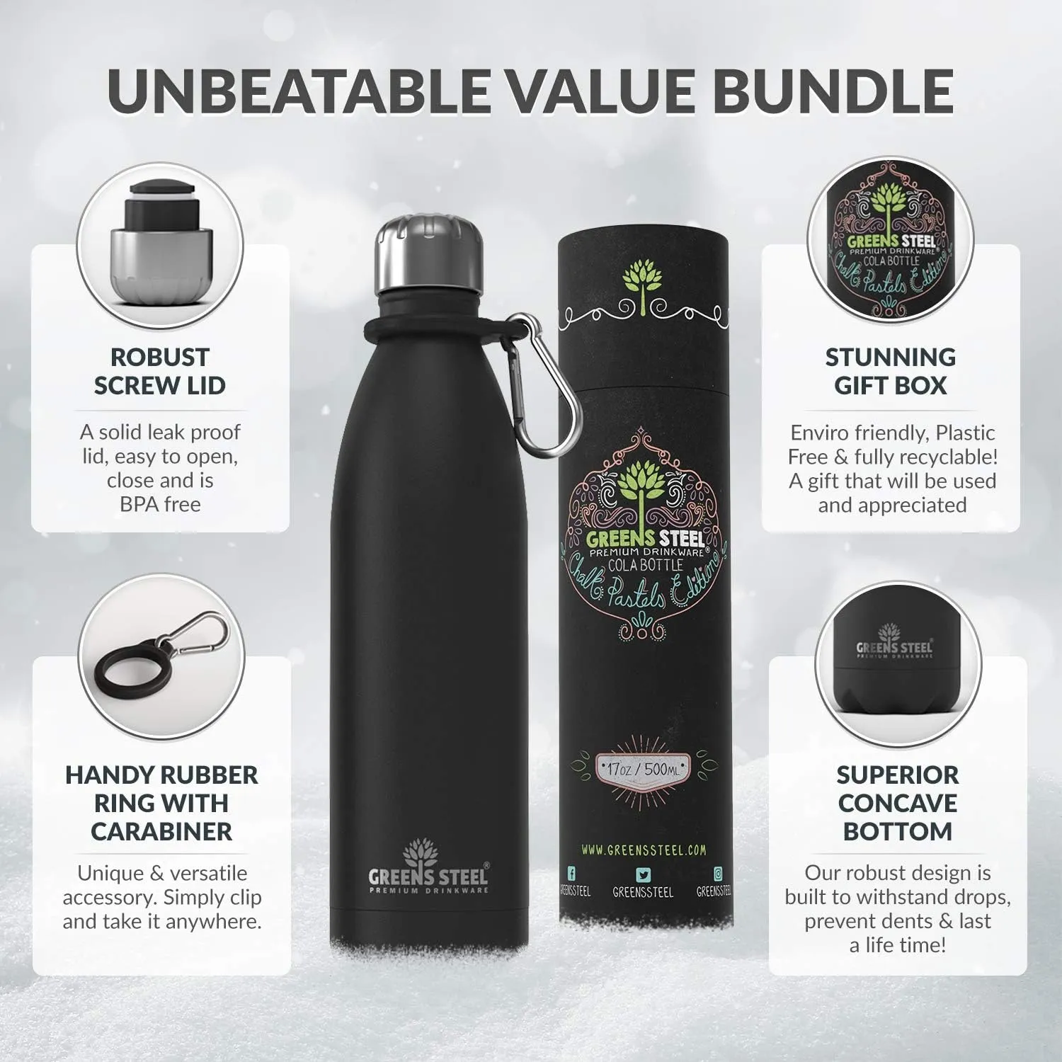 Greens Steel Stainless Steel Water Bottle - 17 oz, Black | Vacuum Insulated Double Wall with Screw Lid/Leak Proof | Thermal Travel Sports Canteen Coffee Flask