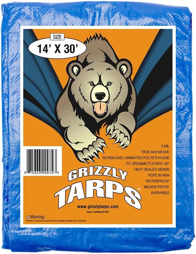 Grizzly Tarps by B-Air 14' x 30' Large Multi-Purpose Waterproof Heavy Duty Poly Tarp with Grommets Every 36", 8x8 Weave, 5 Mil Thick, for Home, Boats, Cars, Camping, Protective Cover, Blue