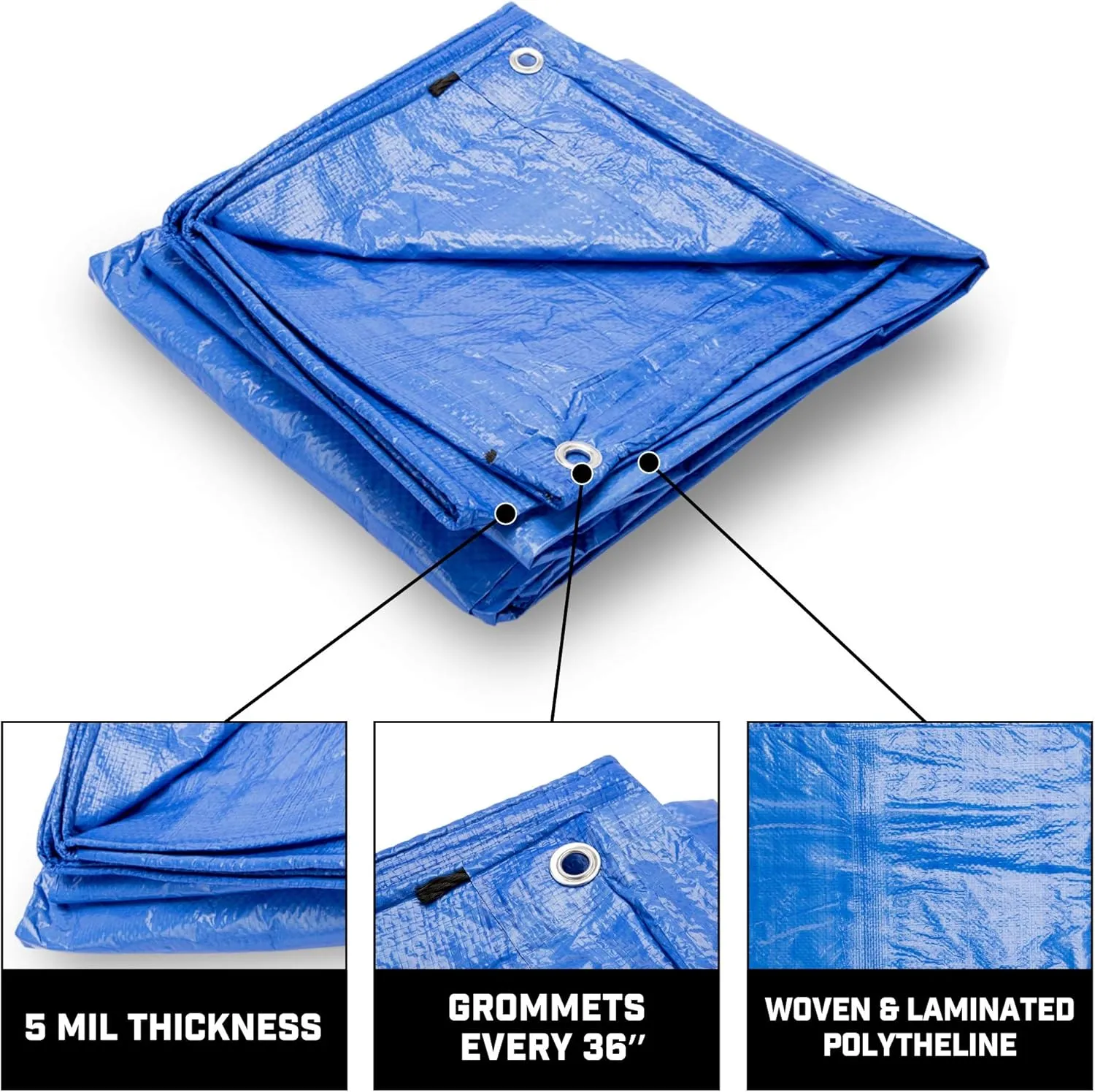 Grizzly Tarps by B-Air 14' x 30' Large Multi-Purpose Waterproof Heavy Duty Poly Tarp with Grommets Every 36", 8x8 Weave, 5 Mil Thick, for Home, Boats, Cars, Camping, Protective Cover, Blue