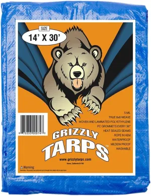 Grizzly Tarps by B-Air 14' x 30' Large Multi-Purpose Waterproof Heavy Duty Poly Tarp with Grommets Every 36", 8x8 Weave, 5 Mil Thick, for Home, Boats, Cars, Camping, Protective Cover, Blue