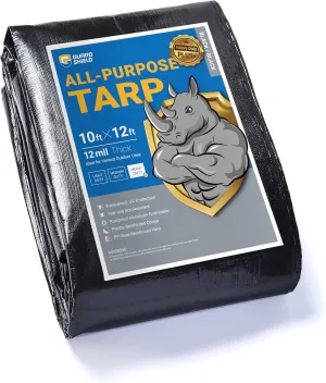 GUARD SHIELD Heavy Duty Tarp 10x12 Feet Black Tarp Large Outdoor Tarps Waterproof with Grommets Cover 12mil