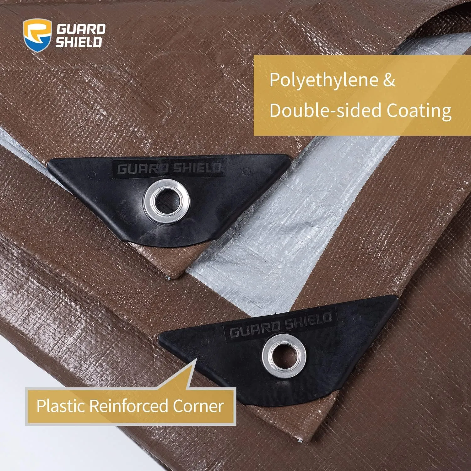 GUARD SHIELD Tarps Heavy Duty Waterproof 10x20 Feet Brown/Bright Silver Poly Tarp Cover Outdoor Thick UV Resistant Tarpaulin with Grommets 10mil