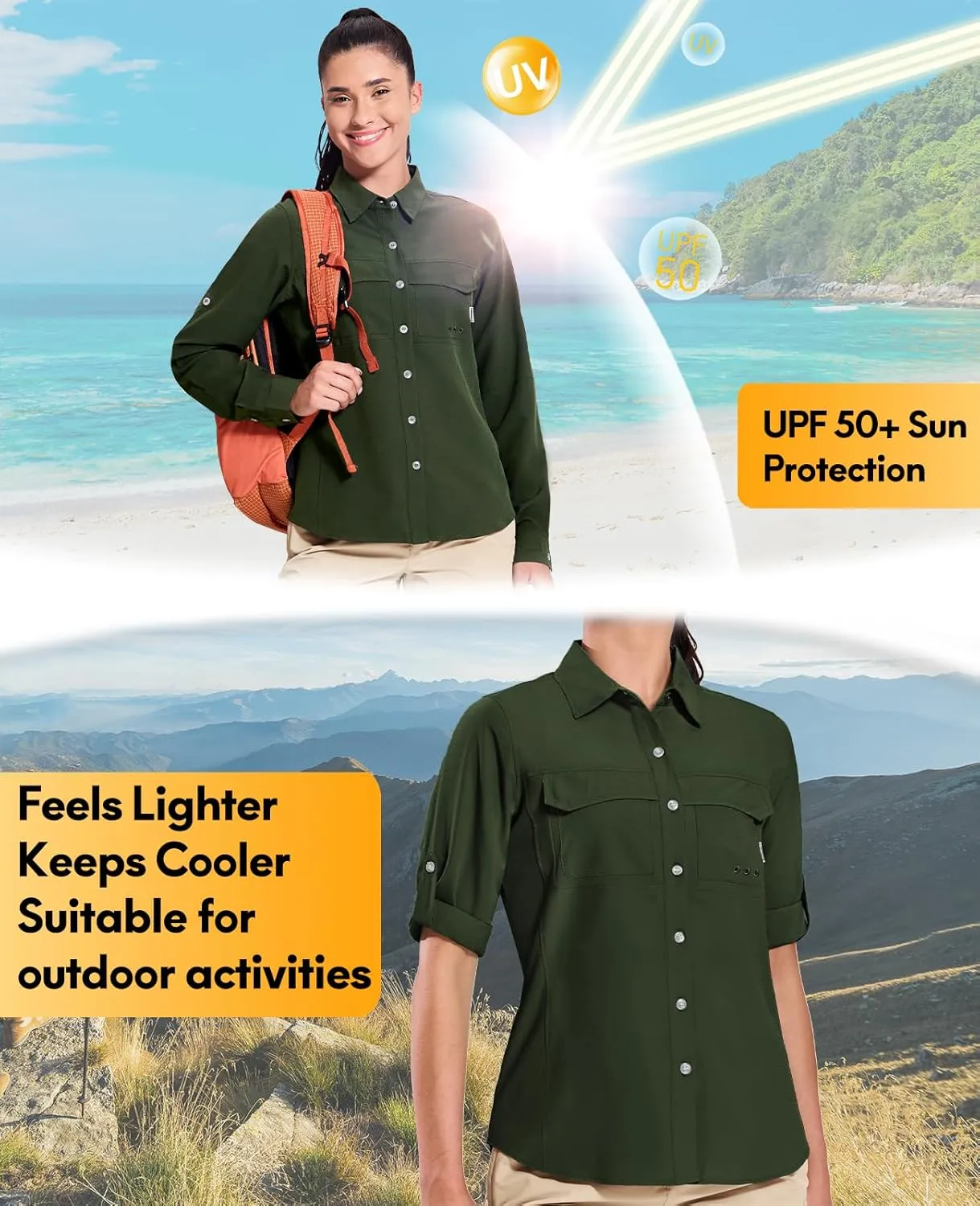 Haimont Women's Travel Hiking Fishing Button Down Shirt, UPF 50  UV Long Sleeve Sun Shirts for Outdoor Camping Sailing