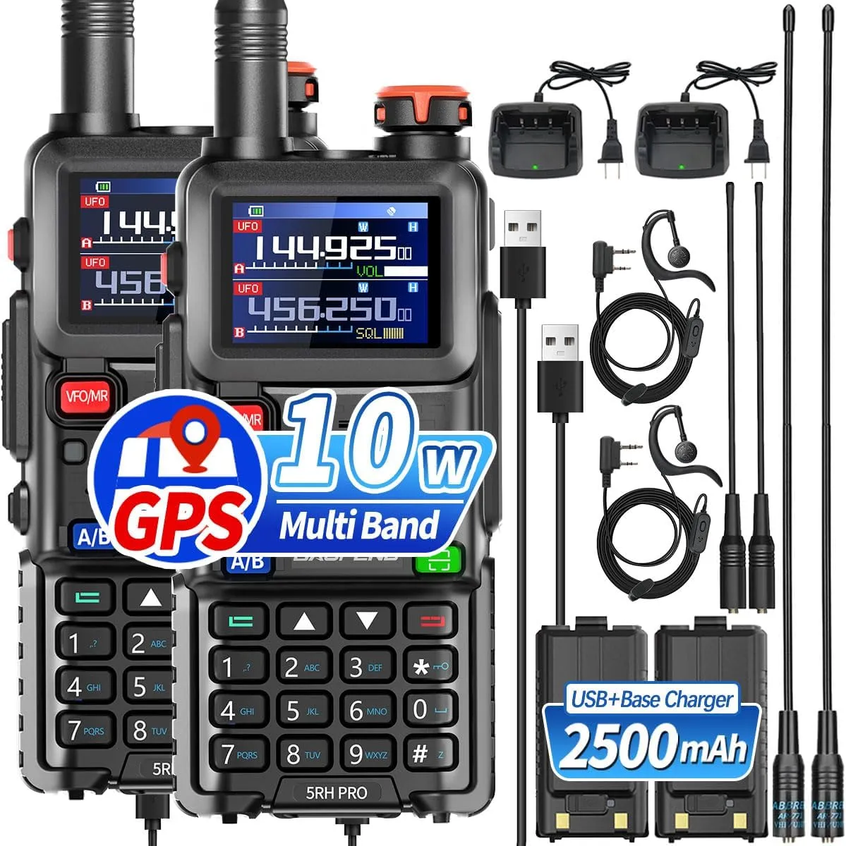 Ham Radio Baofeng 5RH PRO GPS 10W Long Range Handheld Two Way Radio NOAA Weather Receiver 2500mAh Battery High Power Rechargeable Walkie Talkies with Type-C Charging,2 Pack